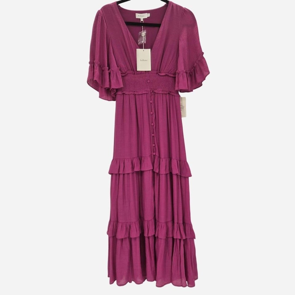 Bohme pink magenta boho maxi dress with ruffles and button up front